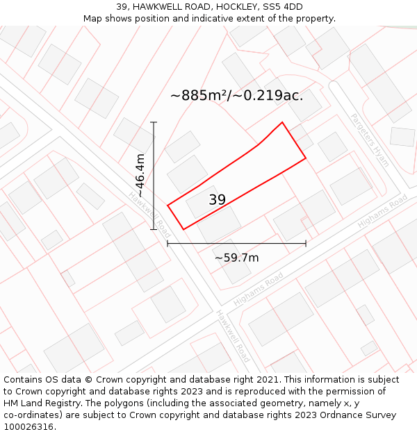 39, HAWKWELL ROAD, HOCKLEY, SS5 4DD: Plot and title map