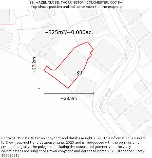 39, HAZEL CLOSE, THORRINGTON, COLCHESTER, CO7 8HJ: Plot and title map