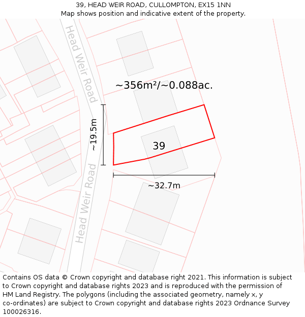 39, HEAD WEIR ROAD, CULLOMPTON, EX15 1NN: Plot and title map