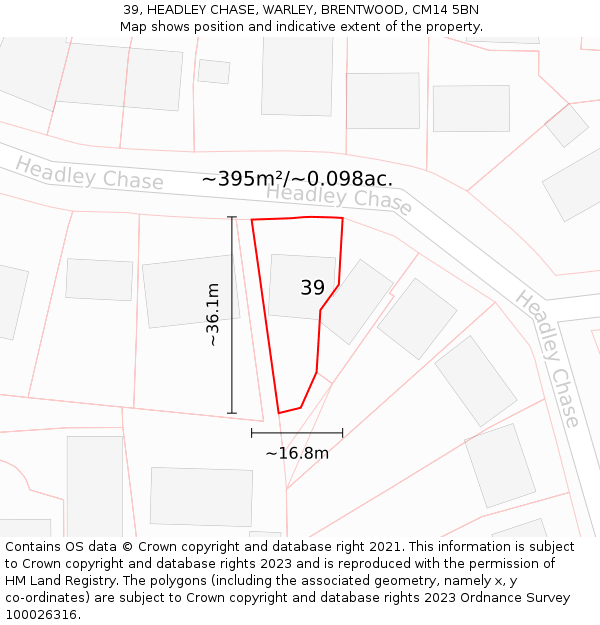 39, HEADLEY CHASE, WARLEY, BRENTWOOD, CM14 5BN: Plot and title map
