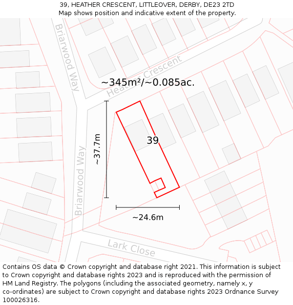 39, HEATHER CRESCENT, LITTLEOVER, DERBY, DE23 2TD: Plot and title map