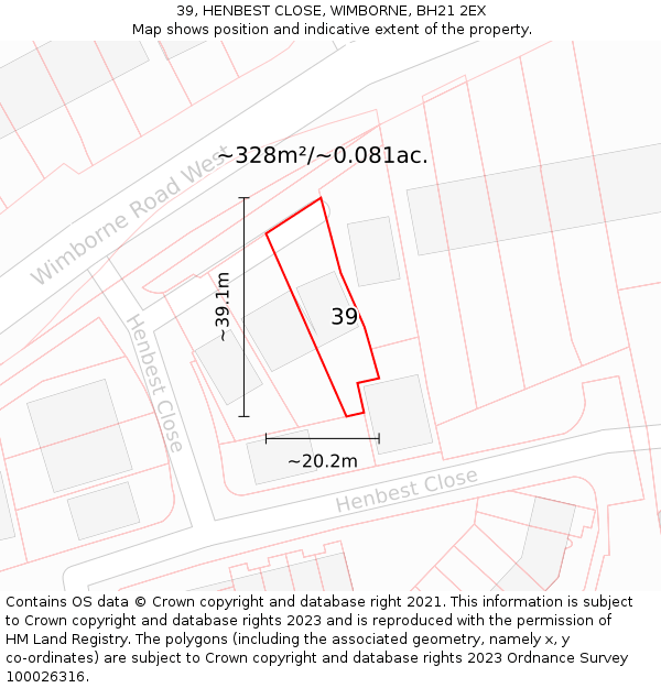 39, HENBEST CLOSE, WIMBORNE, BH21 2EX: Plot and title map