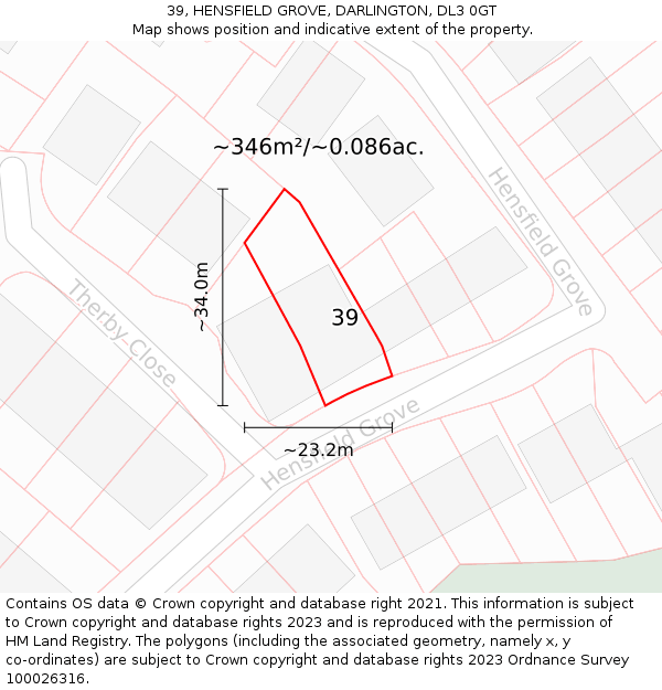 39, HENSFIELD GROVE, DARLINGTON, DL3 0GT: Plot and title map