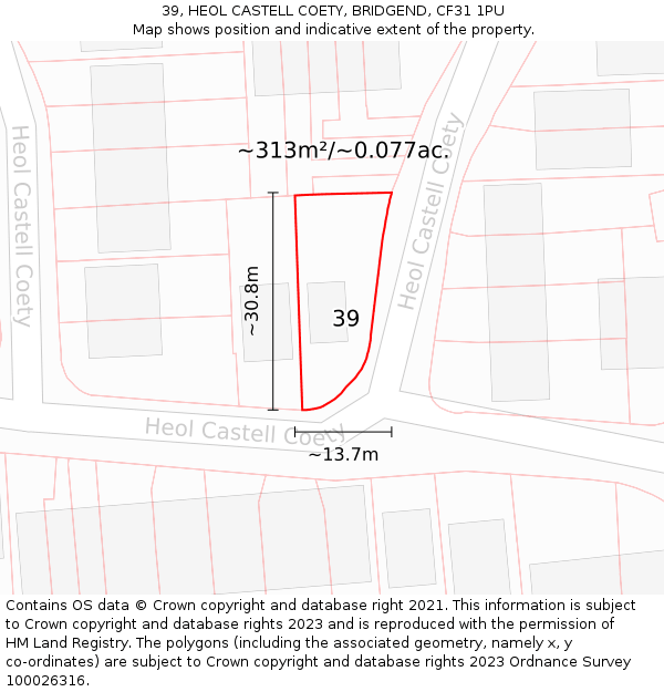 39, HEOL CASTELL COETY, BRIDGEND, CF31 1PU: Plot and title map
