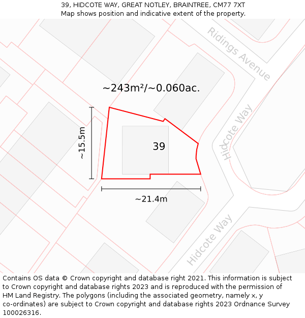 39, HIDCOTE WAY, GREAT NOTLEY, BRAINTREE, CM77 7XT: Plot and title map