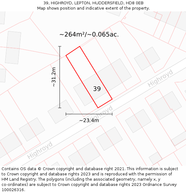 39, HIGHROYD, LEPTON, HUDDERSFIELD, HD8 0EB: Plot and title map
