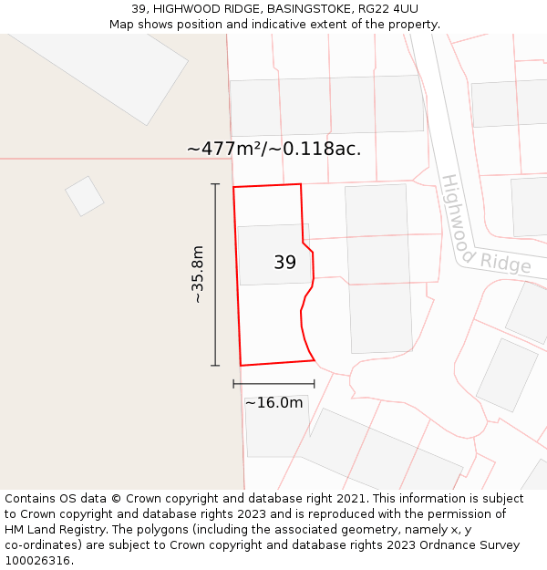 39, HIGHWOOD RIDGE, BASINGSTOKE, RG22 4UU: Plot and title map