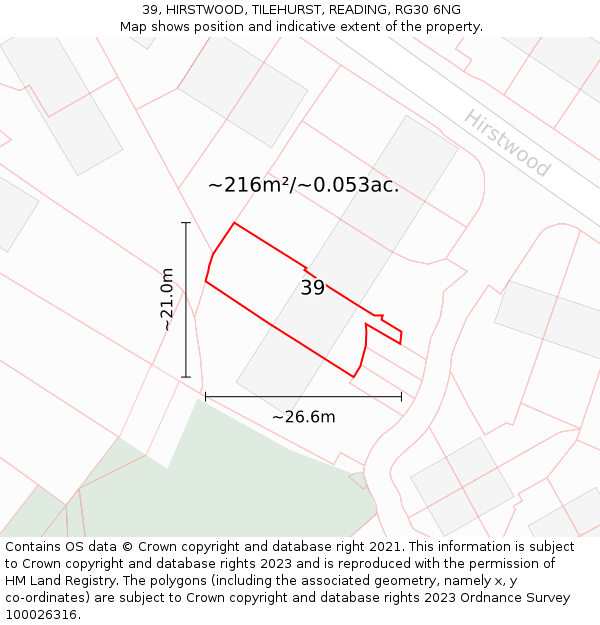 39, HIRSTWOOD, TILEHURST, READING, RG30 6NG: Plot and title map