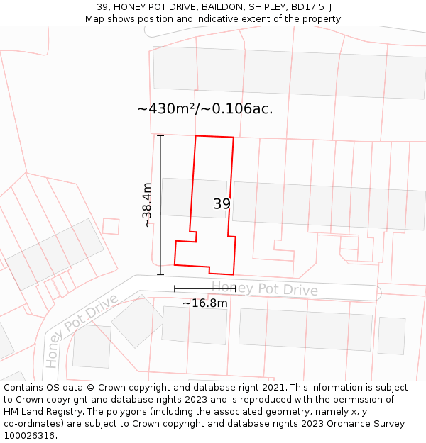 39, HONEY POT DRIVE, BAILDON, SHIPLEY, BD17 5TJ: Plot and title map