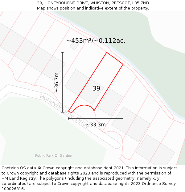 39, HONEYBOURNE DRIVE, WHISTON, PRESCOT, L35 7NB: Plot and title map