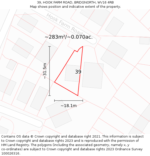 39, HOOK FARM ROAD, BRIDGNORTH, WV16 4RB: Plot and title map