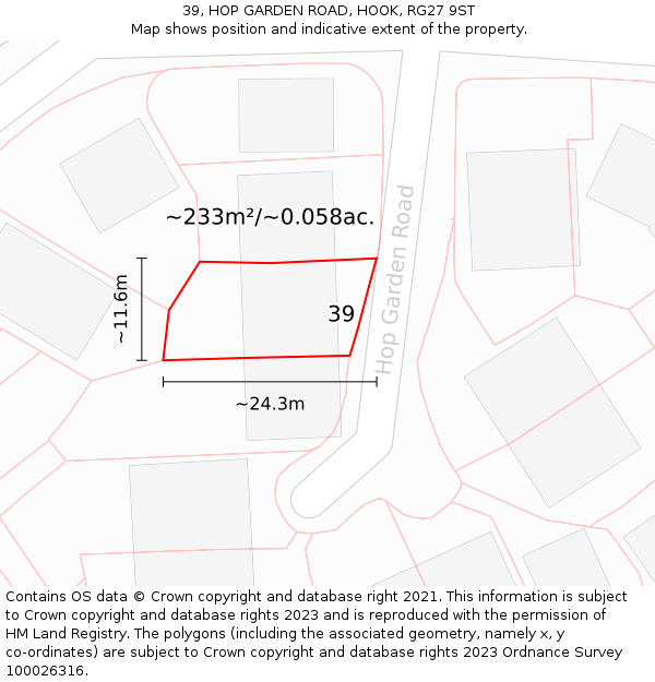 39, HOP GARDEN ROAD, HOOK, RG27 9ST: Plot and title map