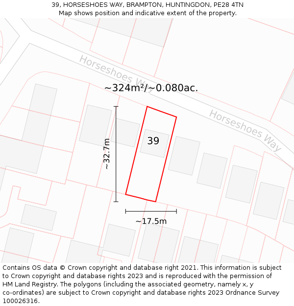 39, HORSESHOES WAY, BRAMPTON, HUNTINGDON, PE28 4TN: Plot and title map