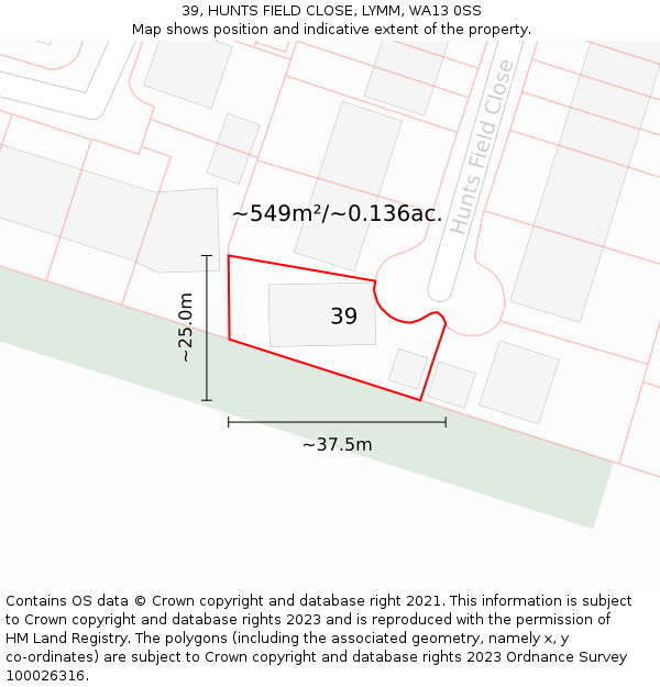 39, HUNTS FIELD CLOSE, LYMM, WA13 0SS: Plot and title map