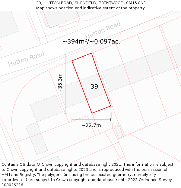39, HUTTON ROAD, SHENFIELD, BRENTWOOD, CM15 8NF: Plot and title map