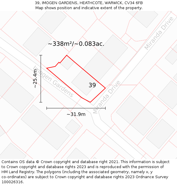 39, IMOGEN GARDENS, HEATHCOTE, WARWICK, CV34 6FB: Plot and title map