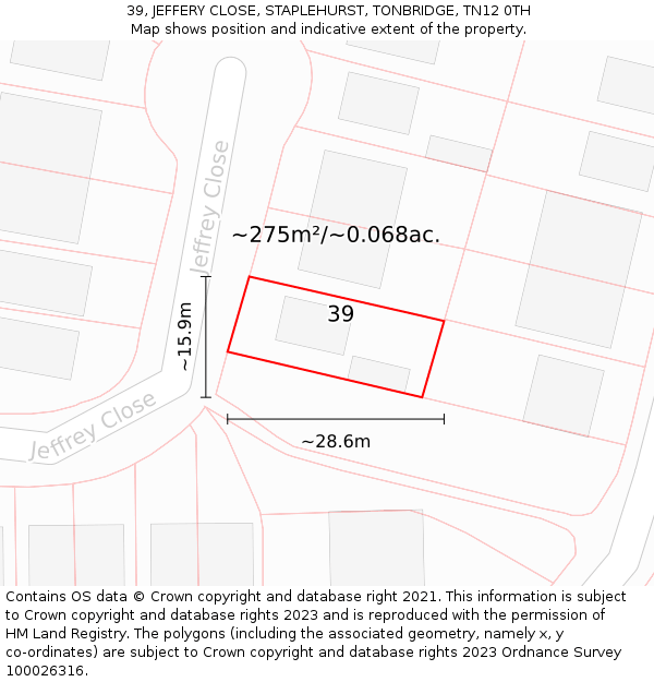 39, JEFFERY CLOSE, STAPLEHURST, TONBRIDGE, TN12 0TH: Plot and title map
