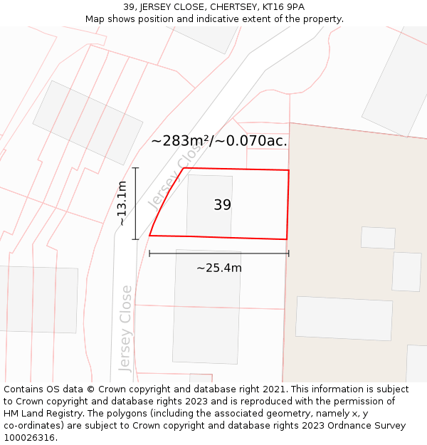 39, JERSEY CLOSE, CHERTSEY, KT16 9PA: Plot and title map