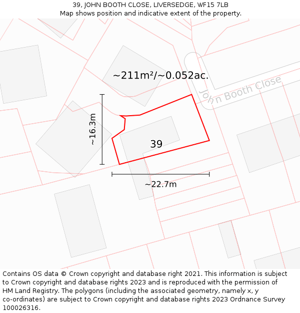 39, JOHN BOOTH CLOSE, LIVERSEDGE, WF15 7LB: Plot and title map