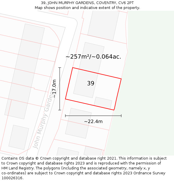 39, JOHN MURPHY GARDENS, COVENTRY, CV6 2PT: Plot and title map
