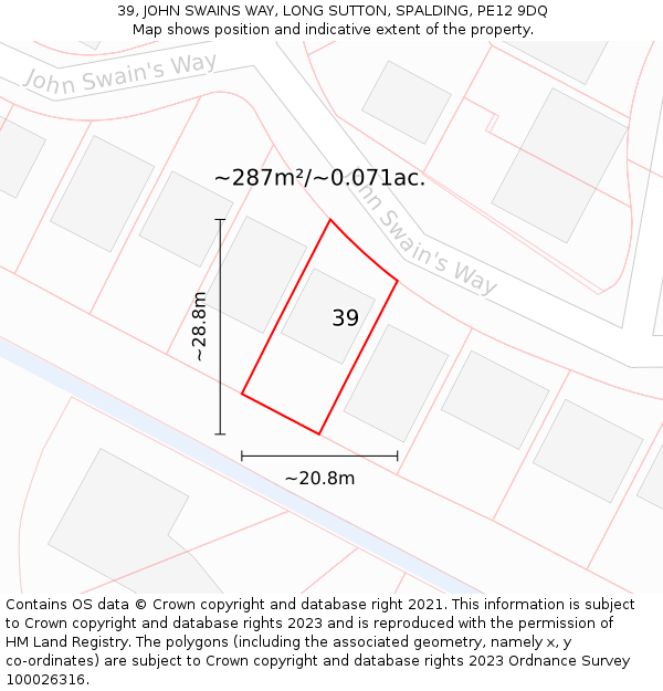 39, JOHN SWAINS WAY, LONG SUTTON, SPALDING, PE12 9DQ: Plot and title map