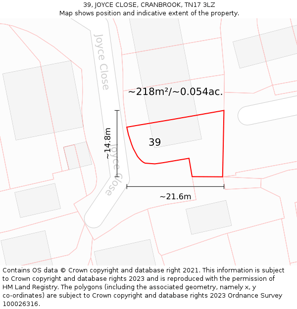 39, JOYCE CLOSE, CRANBROOK, TN17 3LZ: Plot and title map