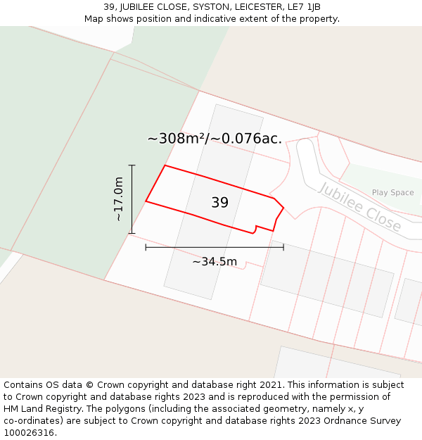 39, JUBILEE CLOSE, SYSTON, LEICESTER, LE7 1JB: Plot and title map