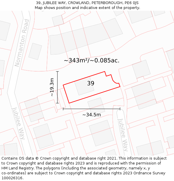39, JUBILEE WAY, CROWLAND, PETERBOROUGH, PE6 0JS: Plot and title map