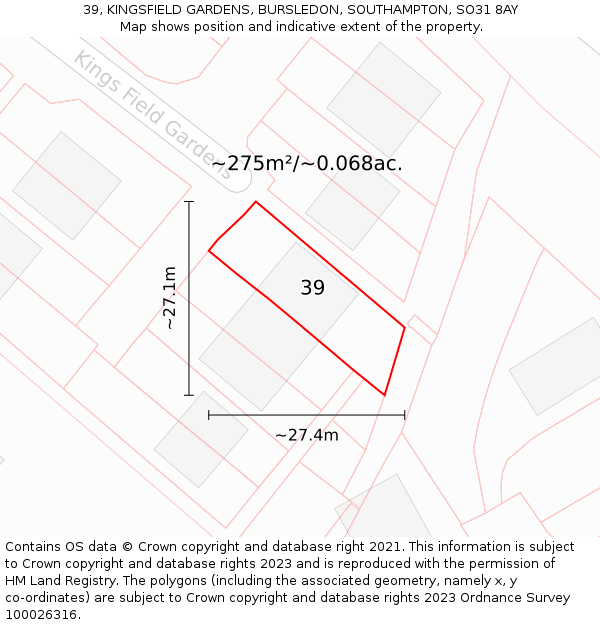 39, KINGSFIELD GARDENS, BURSLEDON, SOUTHAMPTON, SO31 8AY: Plot and title map