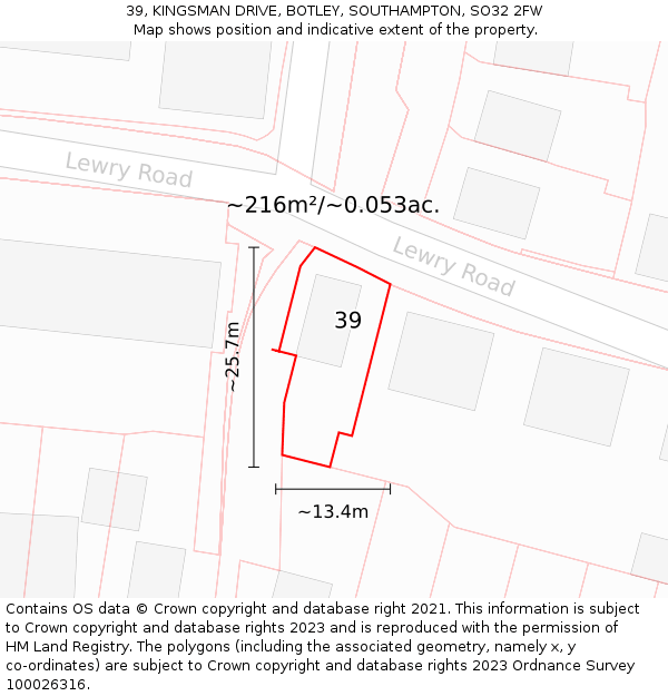 39, KINGSMAN DRIVE, BOTLEY, SOUTHAMPTON, SO32 2FW: Plot and title map