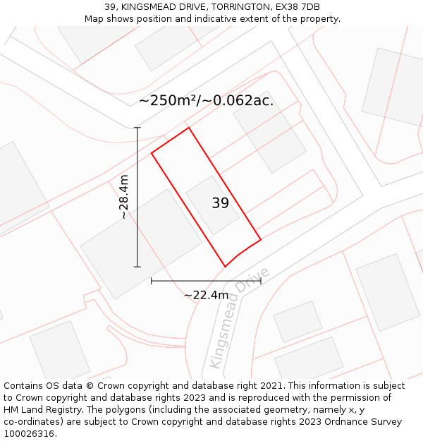 39, KINGSMEAD DRIVE, TORRINGTON, EX38 7DB: Plot and title map