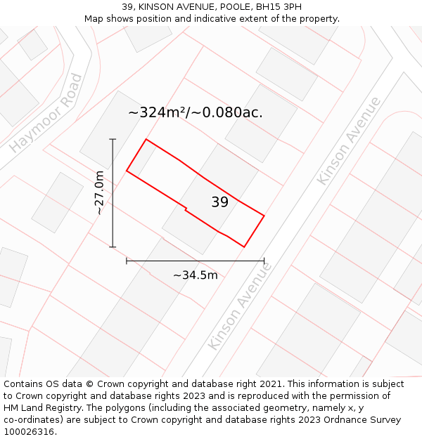 39, KINSON AVENUE, POOLE, BH15 3PH: Plot and title map