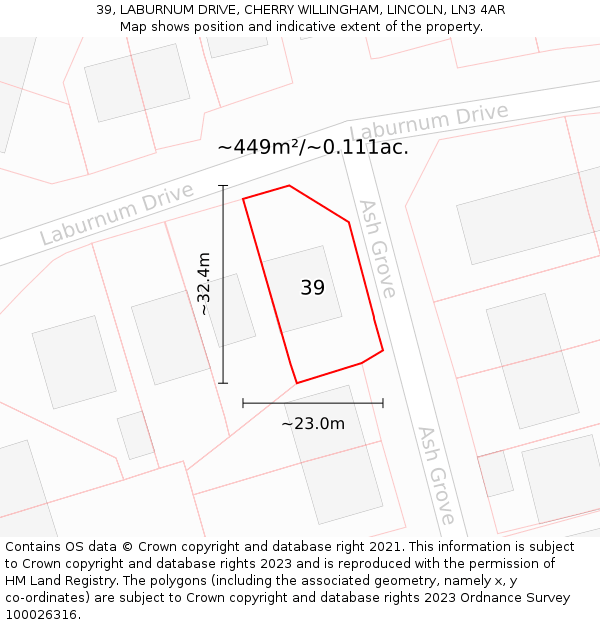 39, LABURNUM DRIVE, CHERRY WILLINGHAM, LINCOLN, LN3 4AR: Plot and title map