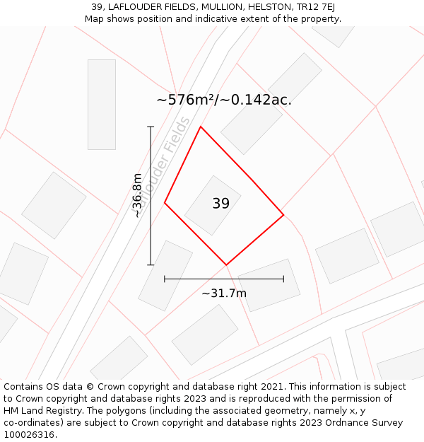 39, LAFLOUDER FIELDS, MULLION, HELSTON, TR12 7EJ: Plot and title map
