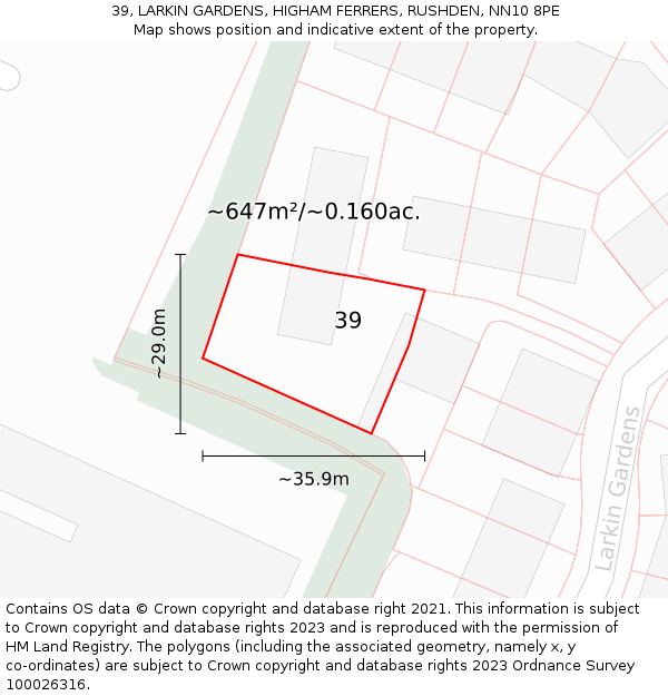 39, LARKIN GARDENS, HIGHAM FERRERS, RUSHDEN, NN10 8PE: Plot and title map