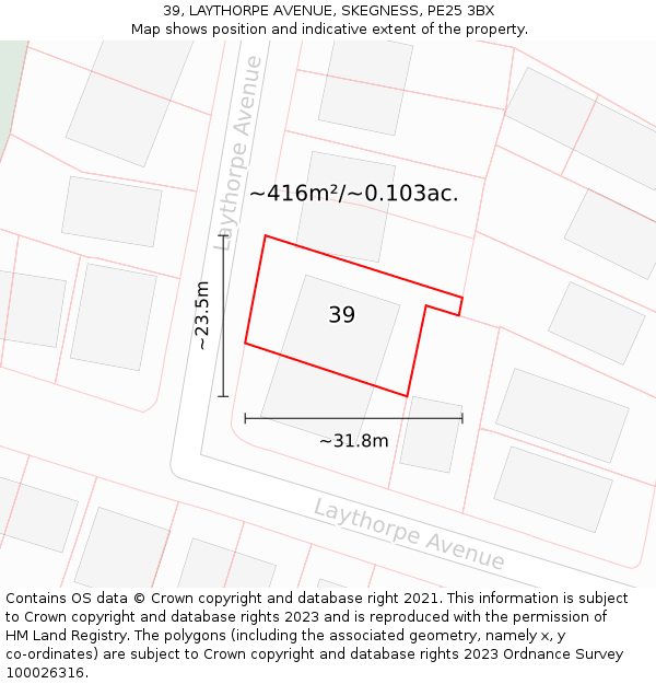 39, LAYTHORPE AVENUE, SKEGNESS, PE25 3BX: Plot and title map