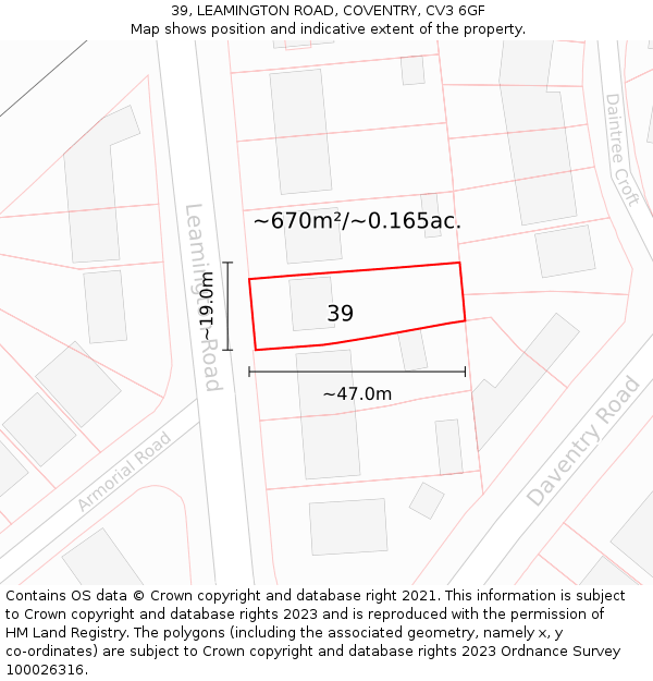 39, LEAMINGTON ROAD, COVENTRY, CV3 6GF: Plot and title map
