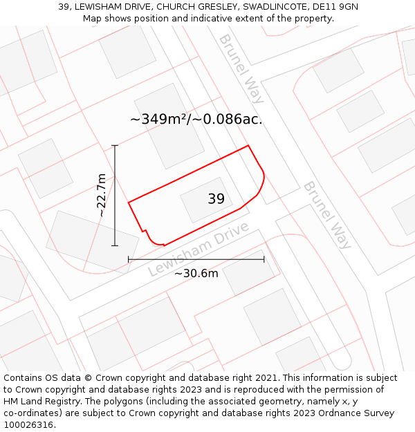 39, LEWISHAM DRIVE, CHURCH GRESLEY, SWADLINCOTE, DE11 9GN: Plot and title map