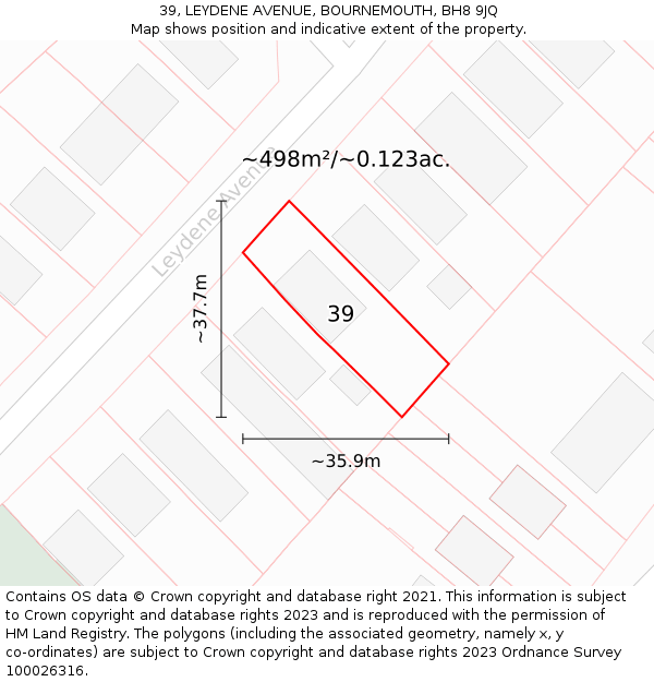 39, LEYDENE AVENUE, BOURNEMOUTH, BH8 9JQ: Plot and title map