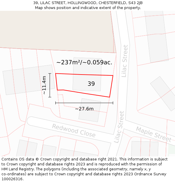 39, LILAC STREET, HOLLINGWOOD, CHESTERFIELD, S43 2JB: Plot and title map