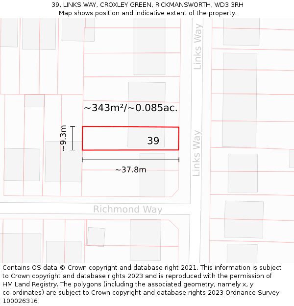 39, LINKS WAY, CROXLEY GREEN, RICKMANSWORTH, WD3 3RH: Plot and title map