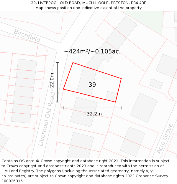 39, LIVERPOOL OLD ROAD, MUCH HOOLE, PRESTON, PR4 4RB: Plot and title map