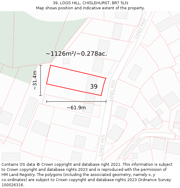39, LOGS HILL, CHISLEHURST, BR7 5LN: Plot and title map