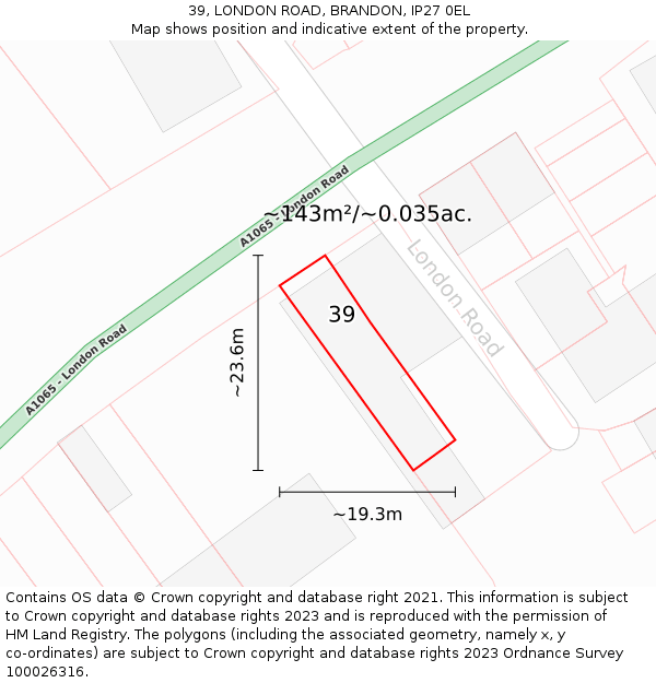 39, LONDON ROAD, BRANDON, IP27 0EL: Plot and title map