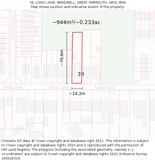 39, LONG LANE, BRADWELL, GREAT YARMOUTH, NR31 8PW: Plot and title map