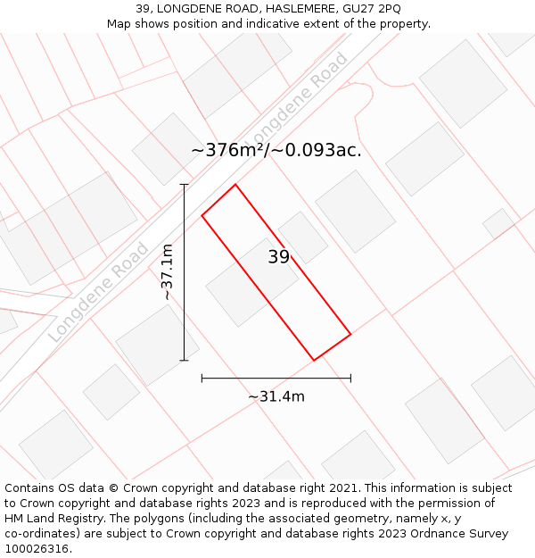 39, LONGDENE ROAD, HASLEMERE, GU27 2PQ: Plot and title map