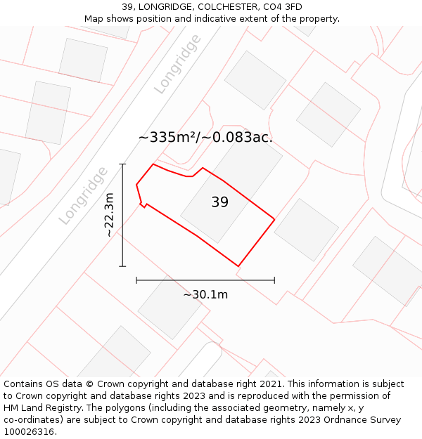 39, LONGRIDGE, COLCHESTER, CO4 3FD: Plot and title map