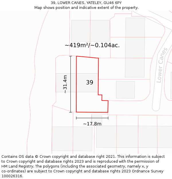 39, LOWER CANES, YATELEY, GU46 6PY: Plot and title map