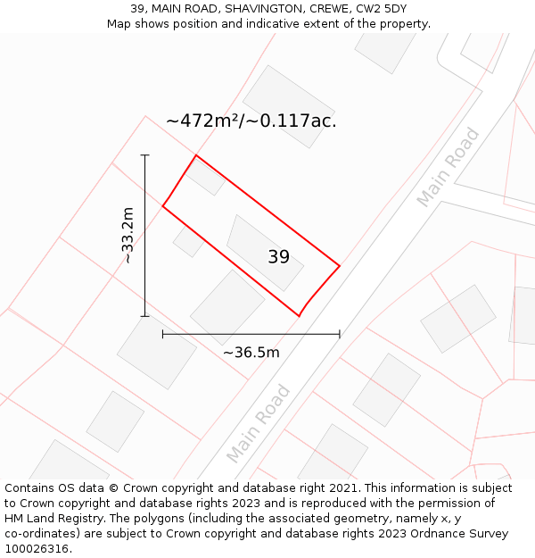 39, MAIN ROAD, SHAVINGTON, CREWE, CW2 5DY: Plot and title map