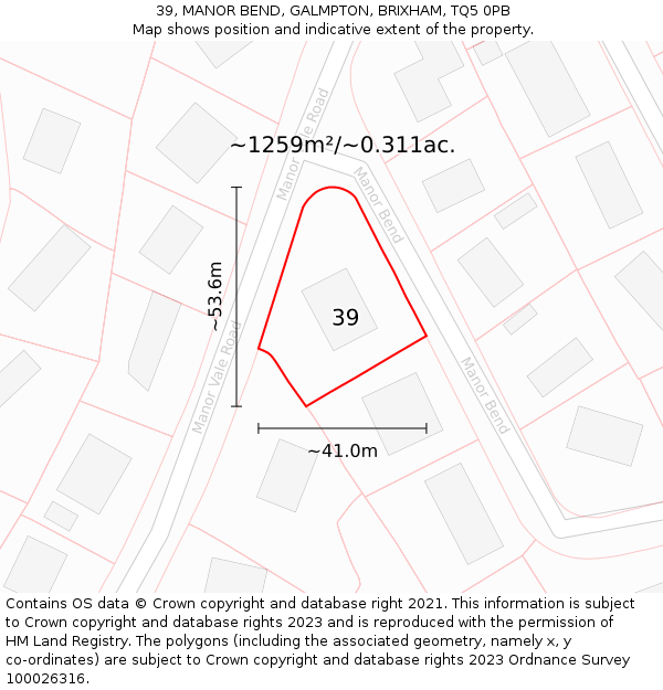 39, MANOR BEND, GALMPTON, BRIXHAM, TQ5 0PB: Plot and title map